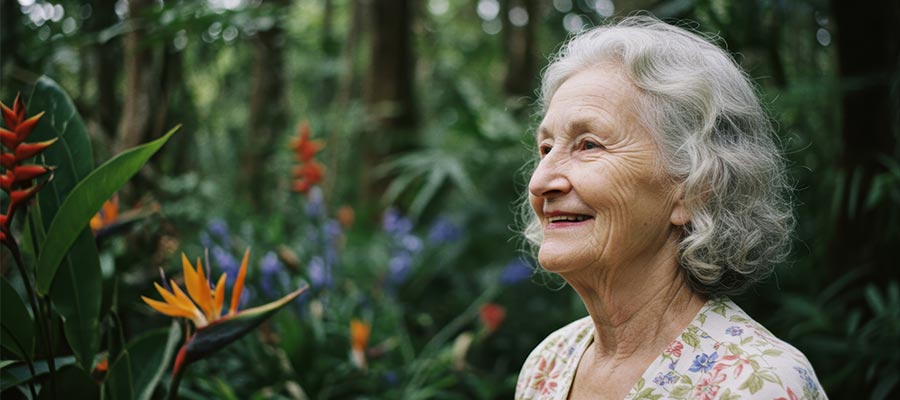 Ältere, gesunde Frau lächelt aktiv und zufrieden in natürlicher Umgebung – Ausdruck von Lebensfreude und Vitalität im Alter.