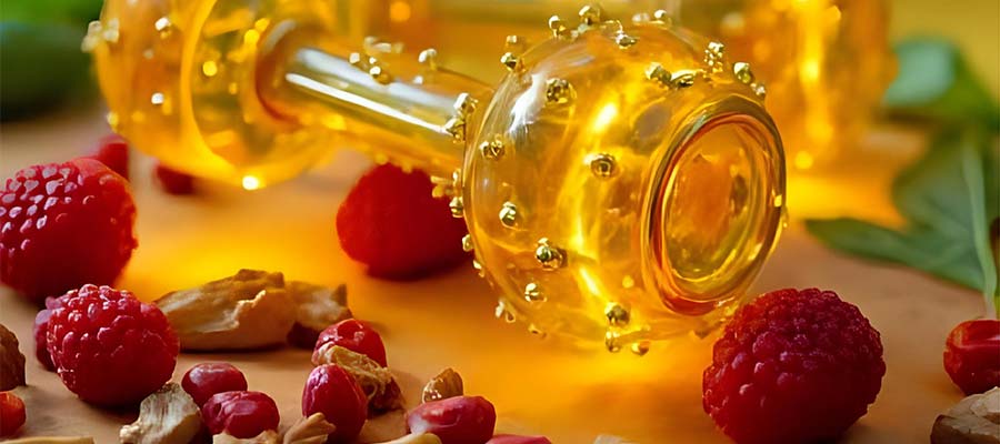 Stilisierte Mitochondrien mit leuchtenden Energielinien und frischen Lebensmitteln wie Beeren und Gemüse, visualisieren die Förderung der Zellenergie durch Ernährung.