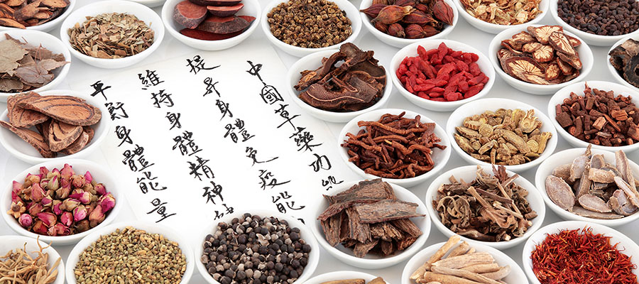 Verschiedene TCM Kräuter werden in Schüsseln präsentiert